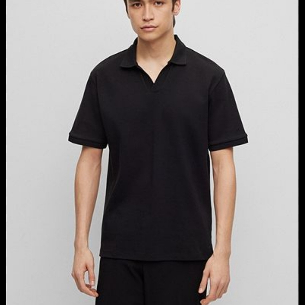 HUGO BOSS  black on Black striped open neck polo size xl